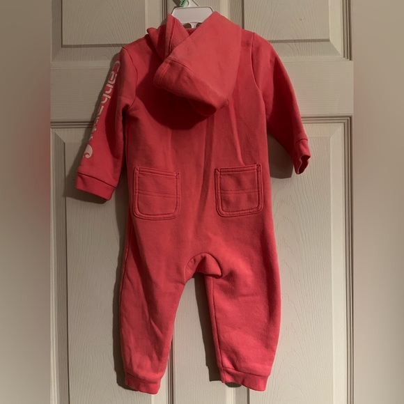 Carhartt Infant Long Sleeve Fleece Zip-Front Hooded Coverall, size 12 mo, pink - Picture 2 of 6